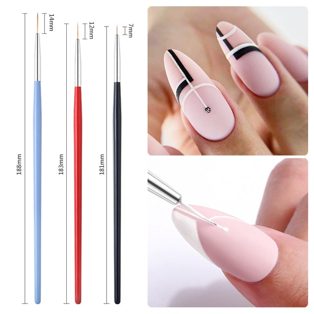 3Pcs French Stripe Nail Art Liner Brush Set Tips Ultra-thin Line Drawing Pen Dual End UV Gel Painting Brushes Manicure Tools