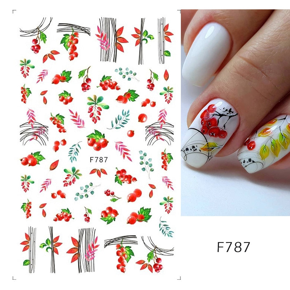 3D Fall Nail Stickers Gold Leaf Cotton Flowers Transfer Decals Nail Adhesive Sliders Manicure 2022 Autumn Decorations TRSTZ-SJ