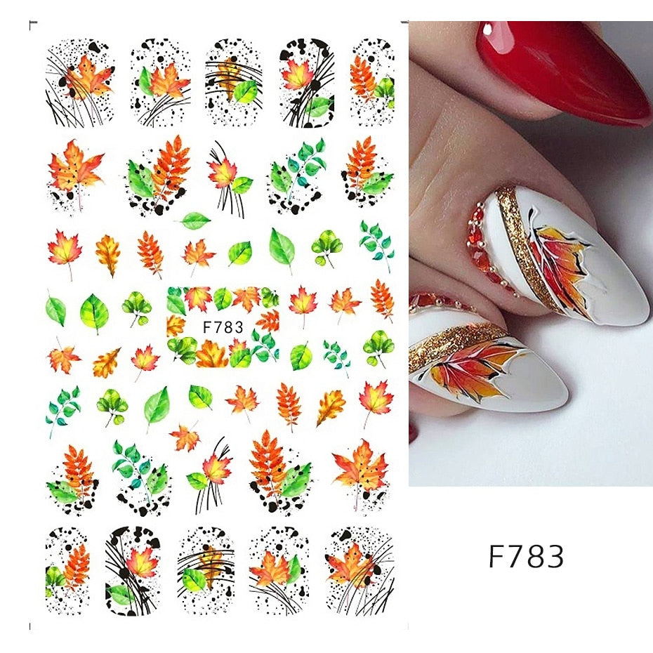 3D Fall Nail Stickers Gold Leaf Cotton Flowers Transfer Decals Nail Adhesive Sliders Manicure 2022 Autumn Decorations TRSTZ-SJ