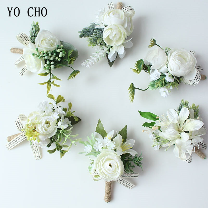 YO CHO Men Boutonniere Buttonhole Rose Brooch Bride Wedding Wrist Corsage Bracelet Groom Ceremony Flower Party Meeting Decor