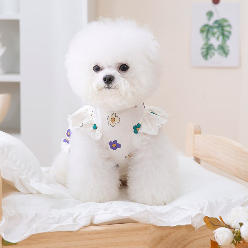 Dog Summer Cute Flower Print Small Flying Sleeve Princess Wind Dog Dresses Cat Two-legged Pet Clothing Coat Vest Dogs Clothes