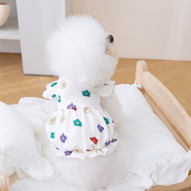 Dog Summer Cute Flower Print Small Flying Sleeve Princess Wind Dog Dresses Cat Two-legged Pet Clothing Coat Vest Dogs Clothes