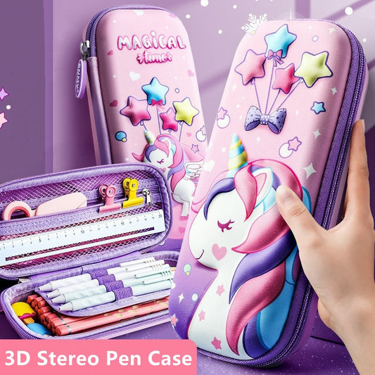 3D Unicorn EVA cute pencil box School student stationery box Children pencil storage box Three layer large capacity pencil case