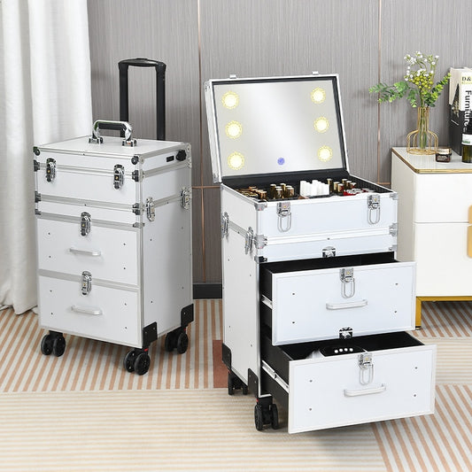 2023 New Professional Makeup Cart Wheels with Lights Large Capacity Trolley Cosmetic Case Rolling Luggage High-Quality Suitcase