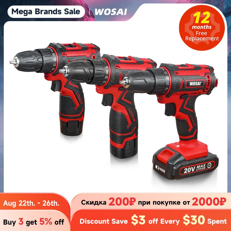 WOSAI 12V 16V 20V Cordless Drill Electric Screwdriver Mini Wireless Power Driver DC Lithium-Ion Battery 3/8-Inch